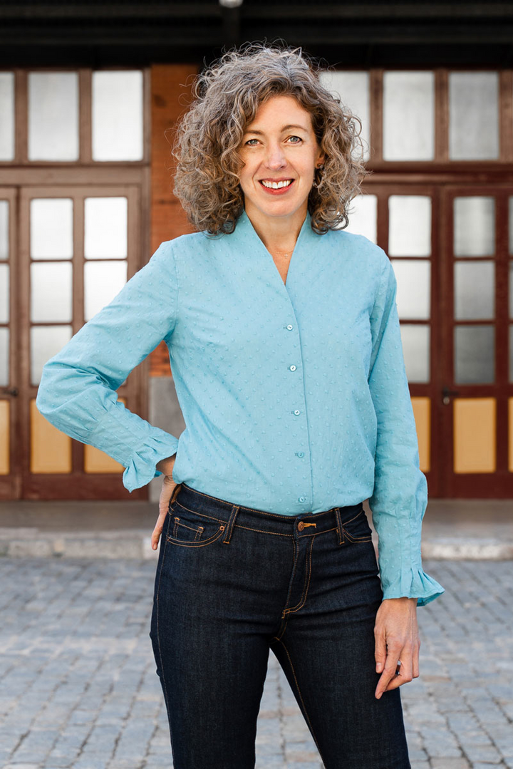 Liesl + Co Fitzroy Blouse sewing pattern with shawl collar and sleeve variations