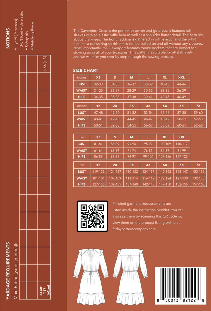 Friday Pattern Co. Davenport Dress sewing pattern with flutter shoulders, ruffle sleeves, drawstring waist, and roomy pockets.