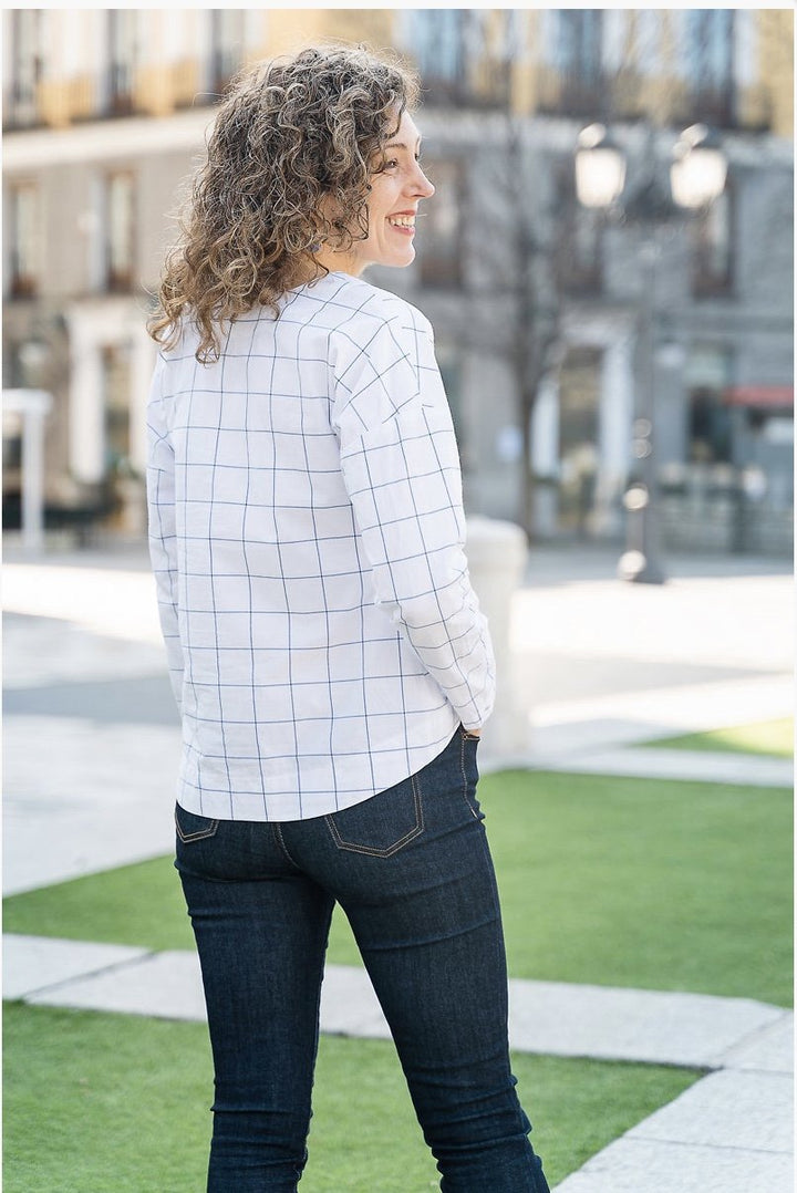 Liesl + Co Verdun Woven T-Shirt sewing pattern with scooped neckline and sleeve options