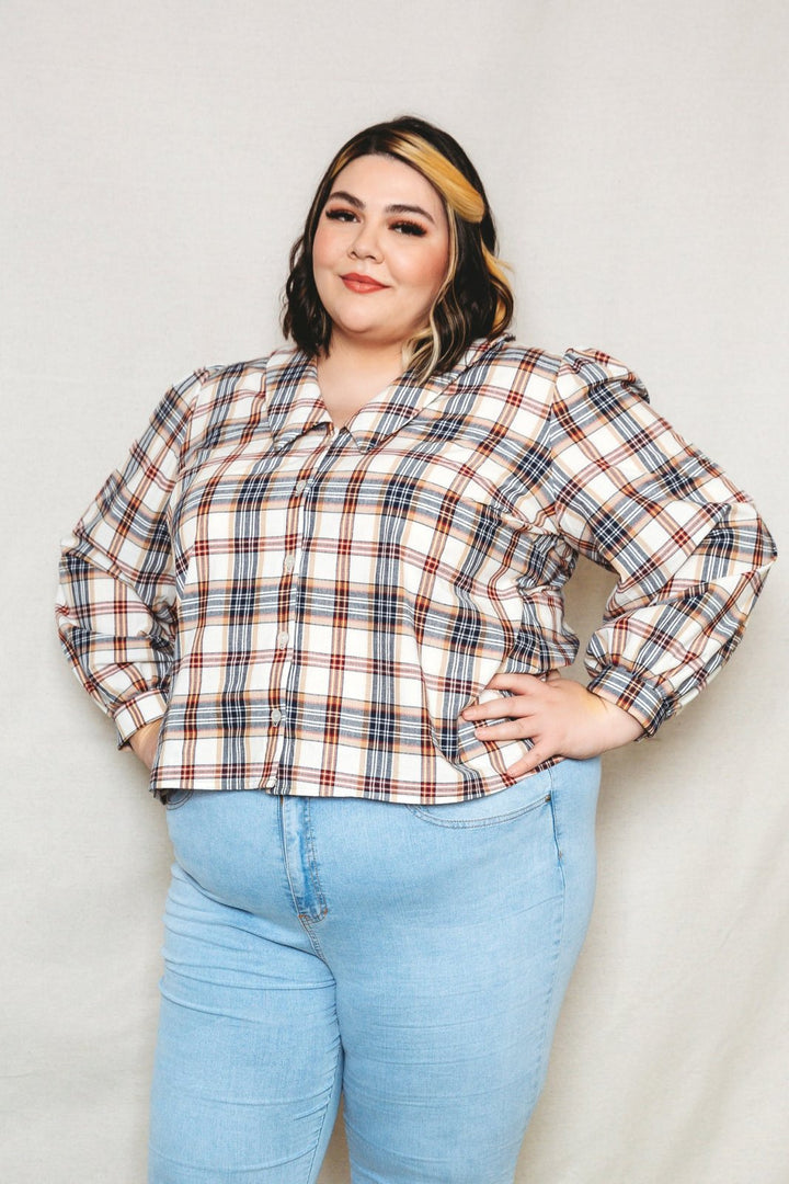 Friday Pattern Co. - The Patina Blouse sewing pattern for collared v-neck button-up top with sleeve and neckline variations in sizes XS–7X