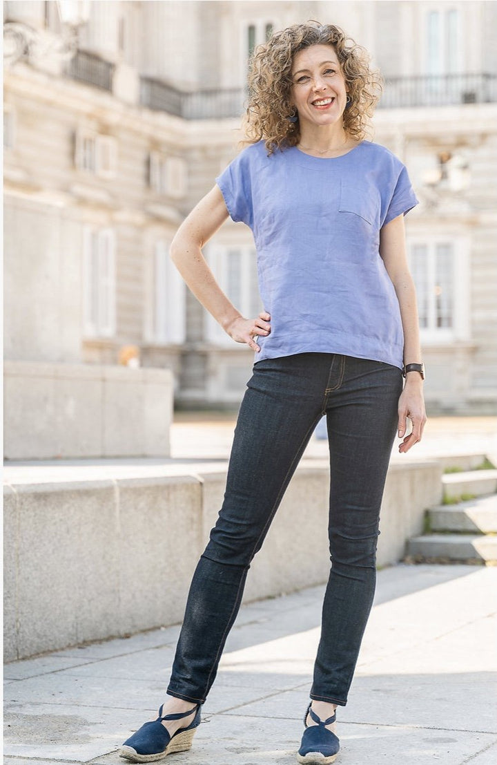 Liesl + Co Verdun Woven T-Shirt sewing pattern with scooped neckline and sleeve options