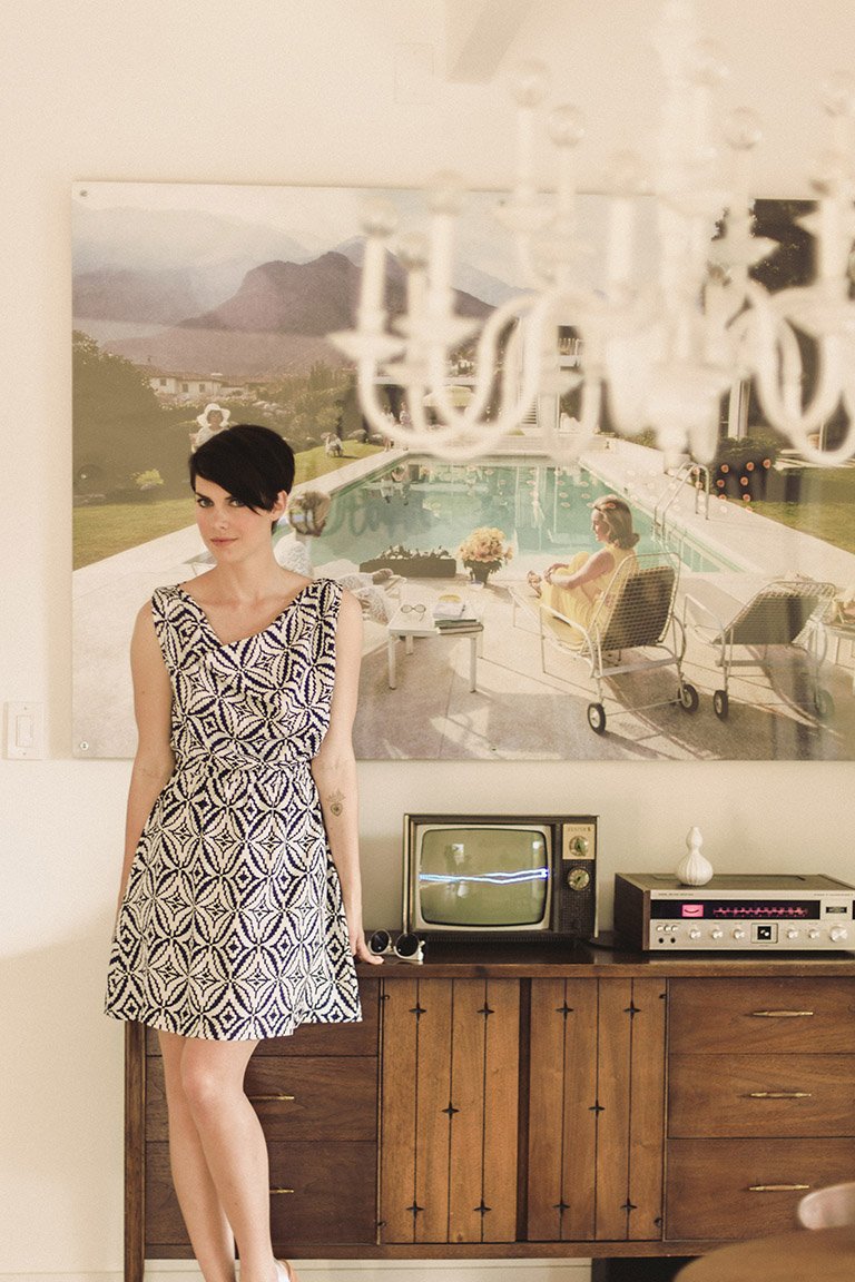 Colette Myrtle Dress in soft knit fabric with cowl neckline and elastic waist, knee-length version displayed