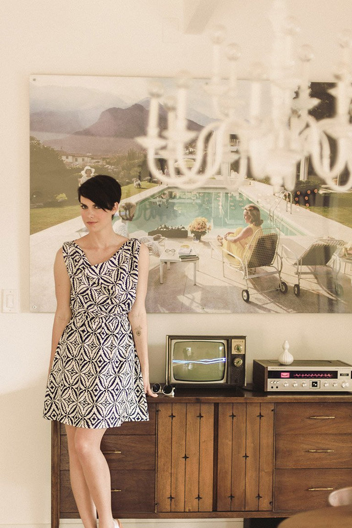 Colette Myrtle Dress in soft knit fabric with cowl neckline and elastic waist, knee-length version displayed