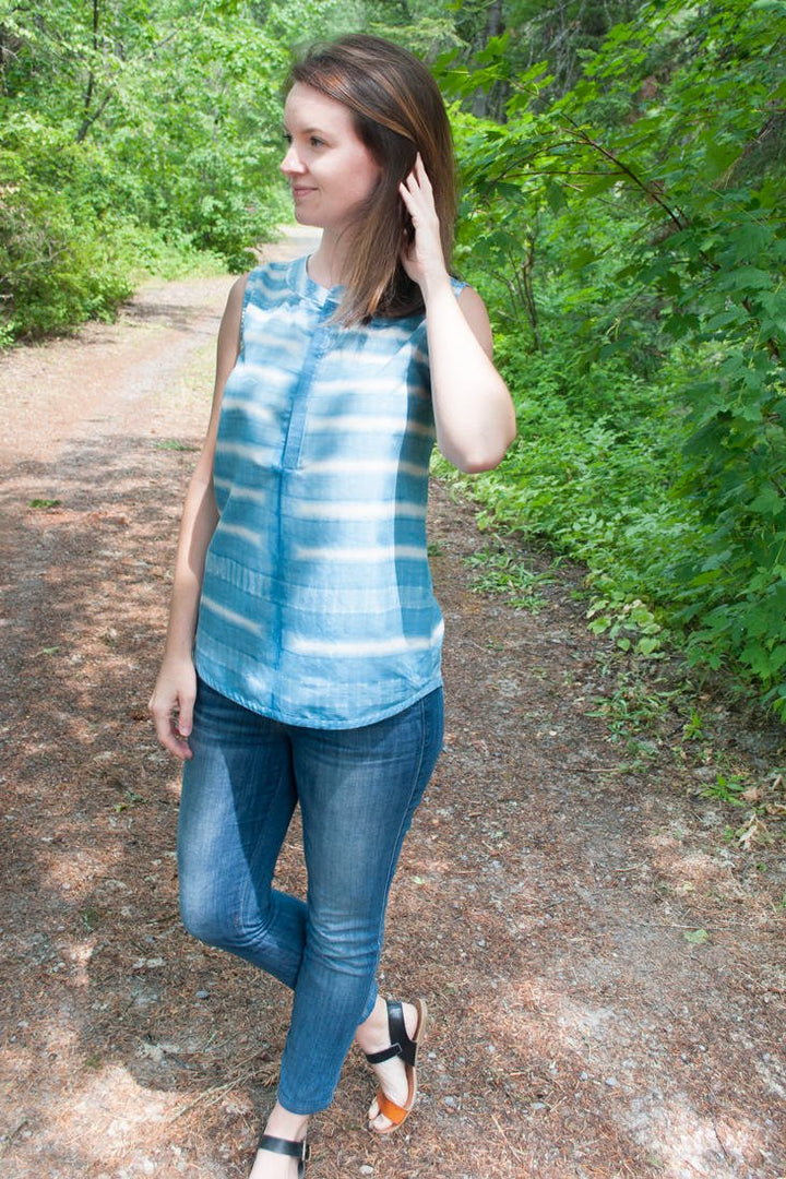 Hey June Biscayne Blouse sewing pattern – hidden button placket, chest pocket, and gathered neckline