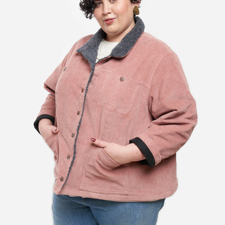 Grainline Studio Thayer Jacket sewing pattern sizes 14–30 with A-line shape, patch and yoke pockets, two-piece sleeves, fully lined for warmth