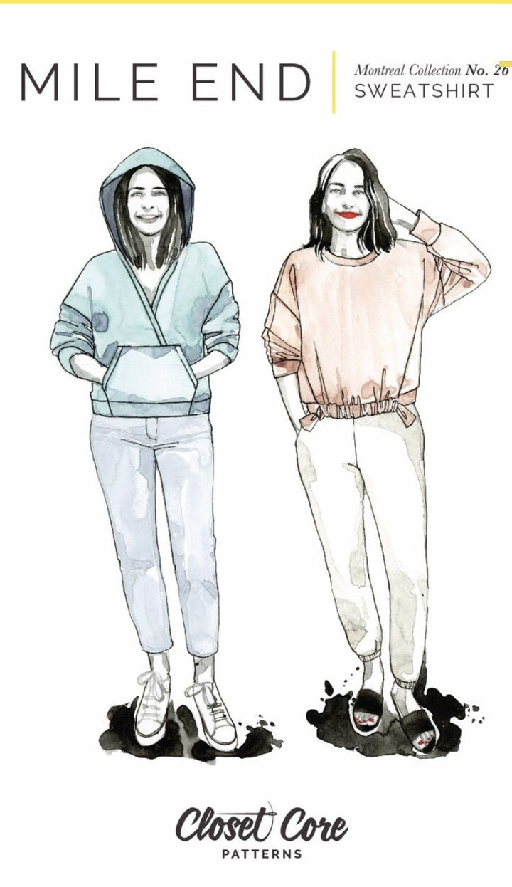 Closet Core Mile End Sweatshirt sewing pattern – oversized sweatshirt with crewneck, gathered band, and hoodie variation