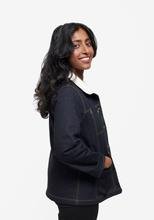 Grainline Studio Thayer Jacket sewing pattern sizes 0–18 with A-line shape, patch and yoke pockets, two-piece sleeves, fully lined for warmth