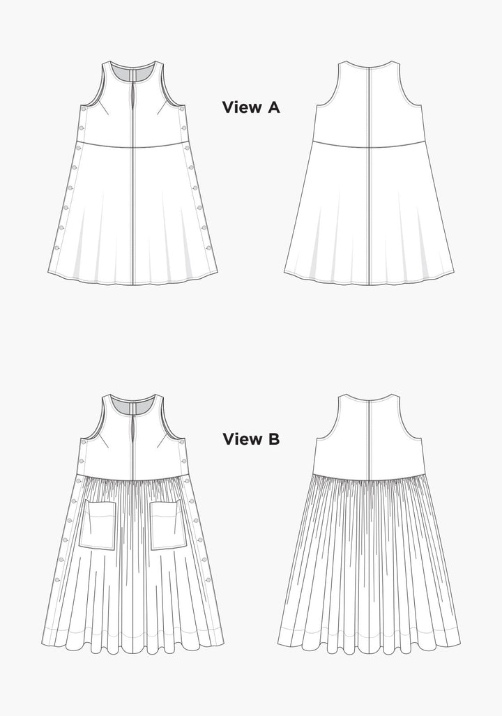 Grainline Studio Austin Dress sewing pattern sizes 0–18 with sleeveless bodice, keyhole opening, and customizable skirt options