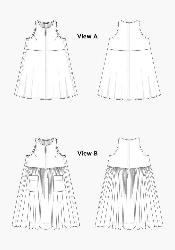 Grainline Studio Austin Dress sewing pattern for sizes 14–32 with sleeveless design, side button closures, and customizable skirt options