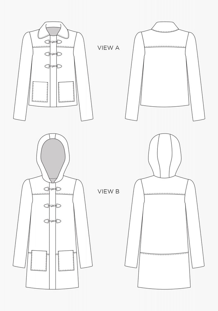 Grainline Studio Cascade Duffle Coat sewing pattern with toggle closure, hidden zipper band, A-line cut, and interchangeable hood or collar
