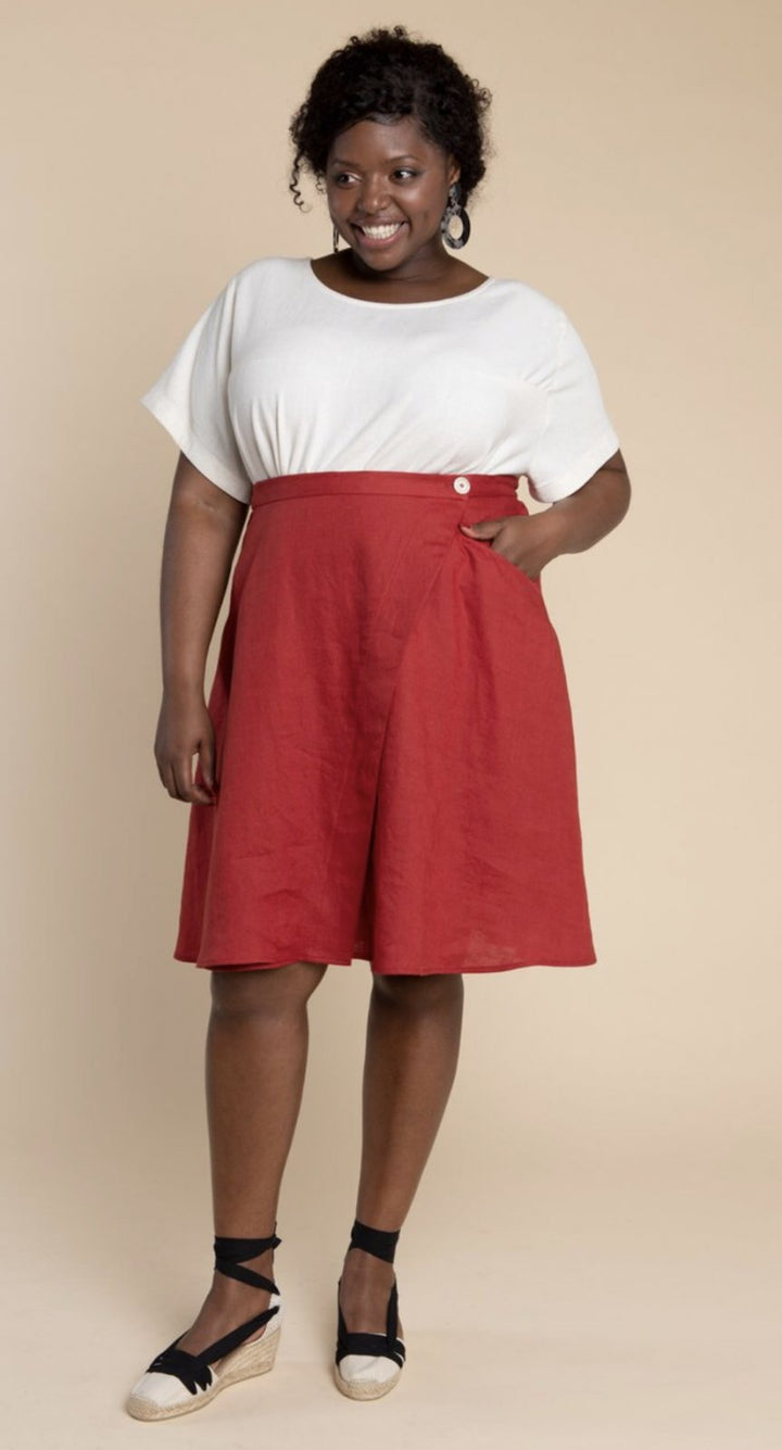 Closet Core Fiore Skirt sewing pattern – high-waisted A-line skirt with three variations including wrap, button-front, and classic flare