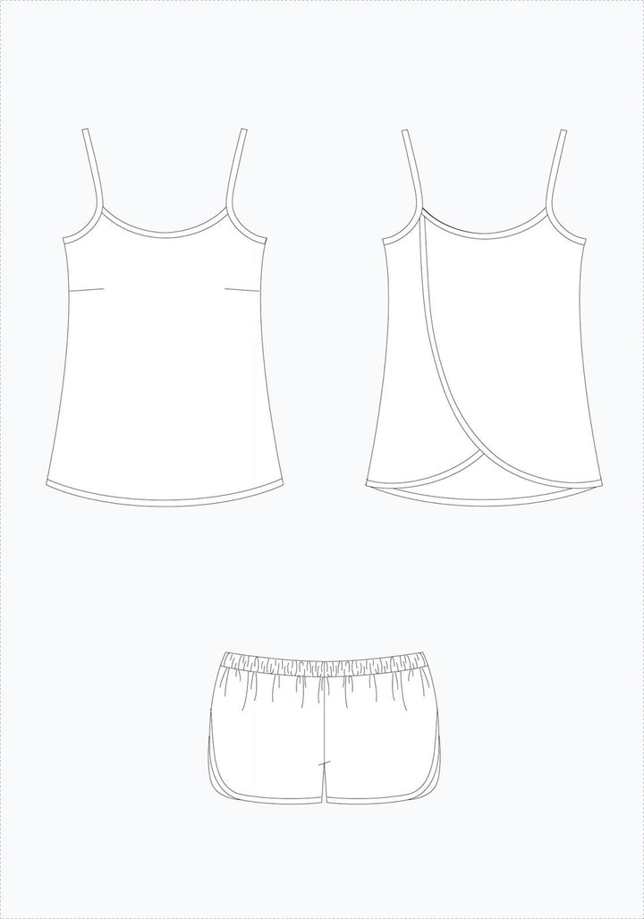 Grainline Studio Lakeside Pajamas sewing pattern with spaghetti strap split-back tank and gym-style shorts in lightweight fabrics