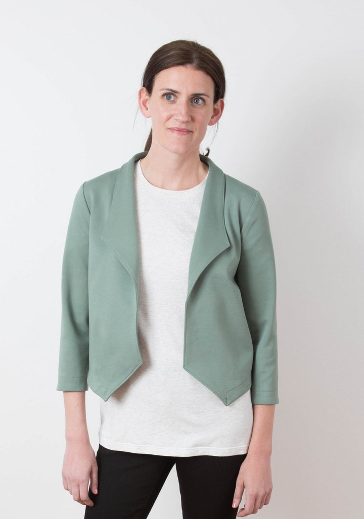 Grainline Studio Morris Blazer sewing pattern with shawl collar, bracelet-length sleeves, medium weight fabric, sizes 0–18
