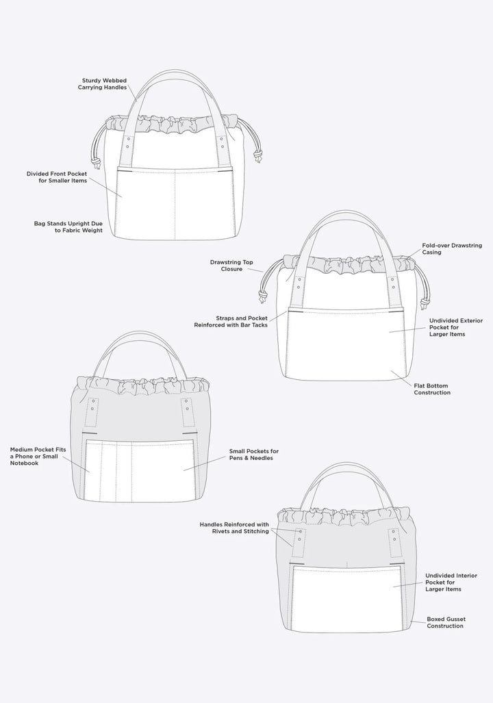 Grainline Studio Town Bag sewing pattern for a versatile tote with drawstring closure and pockets