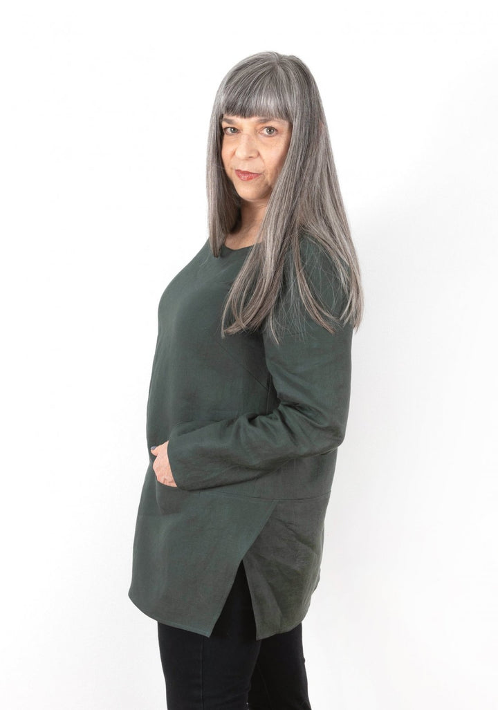 Grainline Studio Uniform Tunic sewing pattern with mix-and-match neckline, skirt, sleeve options, optional pockets, sizes 0–18