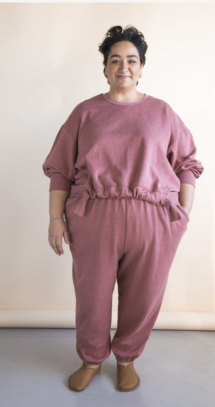 Closet Core Mile End Sweatshirt sewing pattern – oversized sweatshirt with crewneck, gathered band, and hoodie variation