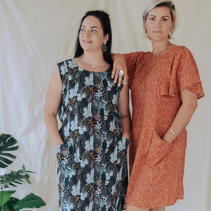 Sew to Grow Frankie Shift and Top sewing pattern, flutter sleeves, side panel pockets, optional tie, versatile lightweight top