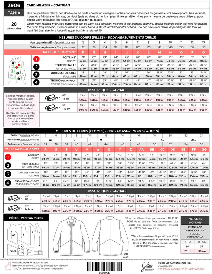 Jalie Tania Cardi-Blazer Coatigan Pattern – open-front blazer with pockets and notched collar sewing pattern