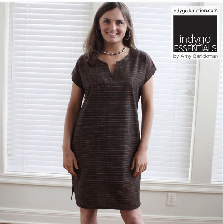 Indygo Essentials Shift Dress with cuffed sleeves, inset pockets, and side vents in mid-weight woven fabric