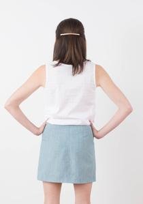 Grainline Studio Moss Skirt sewing pattern featuring semi-fitted design, fly front, and back yoke