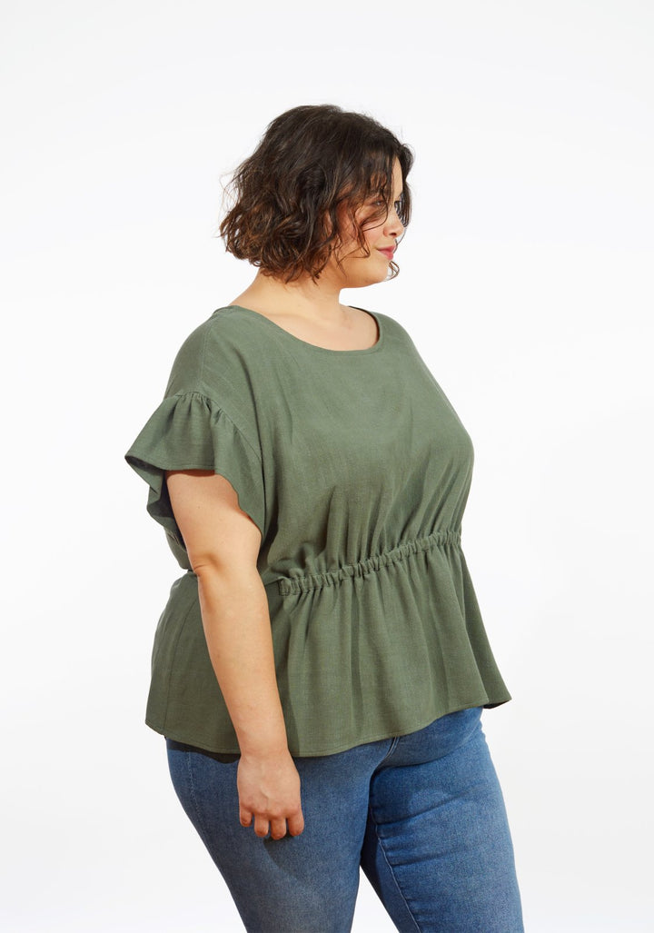 Grainline Studio Corbin Top sewing pattern for sizes 14–32, featuring ruffled cap and 3/4-length sleeve options.