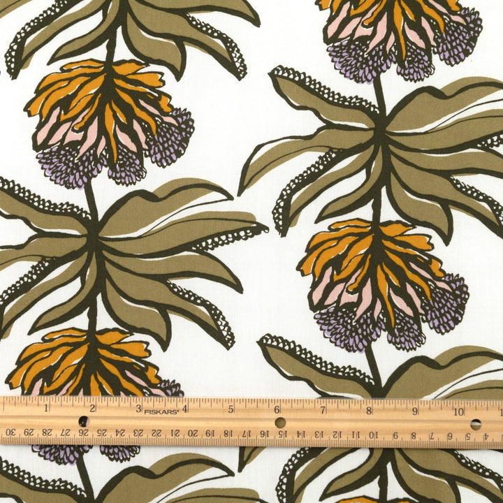 Ecovero Viscose Manifesto Ecru fabric by Nerida Hansen with botanical print in soft ecru and green, 58-inch wide, lightweight and drapey.