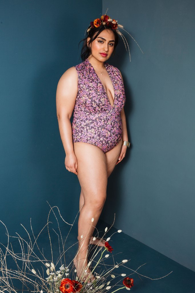 Friday Pattern Co. Seabright Swimmer one-piece swimsuit pattern with optional sleeves, plunging neckline, lace-up closure, sizes XS–4X