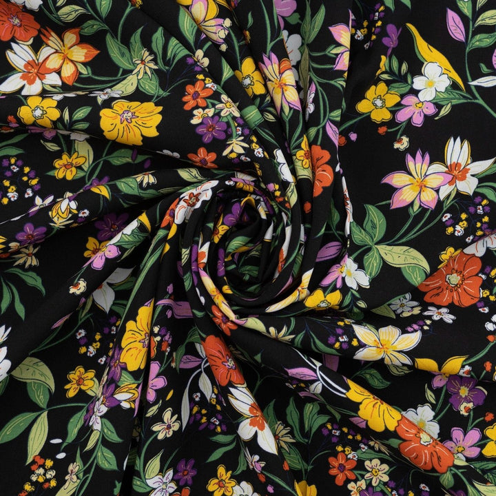 Rayon Poplin Nightfall Bouquet fabric – dark floral rayon fabric with soft drape, ideal for dresses and sewing projects