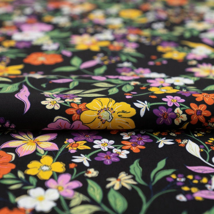 Rayon Poplin Nightfall Bouquet fabric – dark floral rayon fabric with soft drape, ideal for dresses and sewing projects