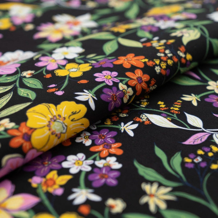 Rayon Poplin Nightfall Bouquet fabric – dark floral rayon fabric with soft drape, ideal for dresses and sewing projects