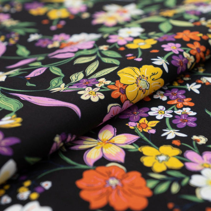 Rayon Poplin Nightfall Bouquet fabric – dark floral rayon fabric with soft drape, ideal for dresses and sewing projects