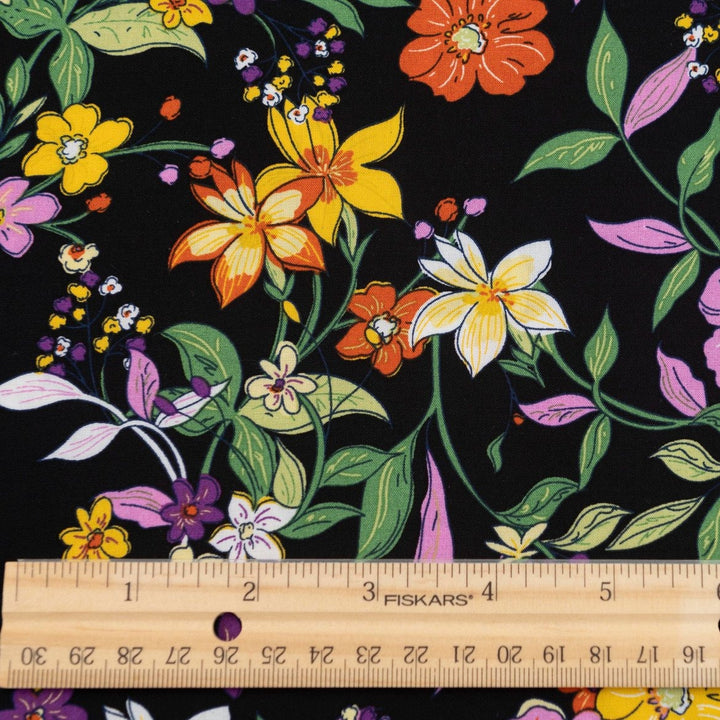 Rayon Poplin Nightfall Bouquet fabric – dark floral rayon fabric with soft drape, ideal for dresses and sewing projects