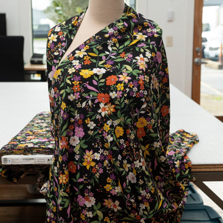 Rayon Poplin Nightfall Bouquet fabric – dark floral rayon fabric with soft drape, ideal for dresses and sewing projects