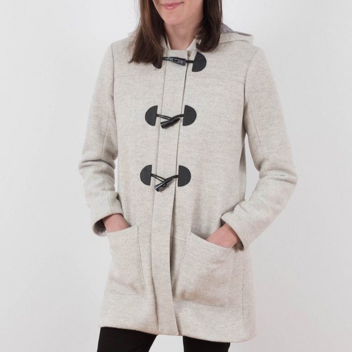 Grainline Studio Cascade Duffle Coat sewing pattern with toggle closure, hidden zipper band, A-line cut, and interchangeable hood or collar