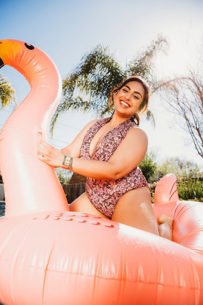 Friday Pattern Co. Seabright Swimmer one-piece swimsuit pattern with optional sleeves, plunging neckline, lace-up closure, sizes XS–4X