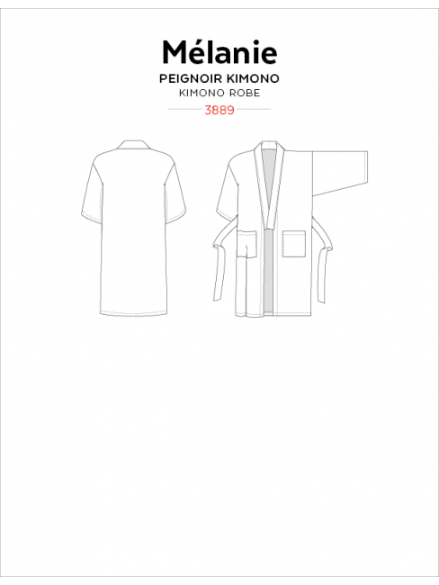 Jalie Melanie Kimono Robe sewing pattern – knee-length robe with sash belt, patch pockets, and three-quarter sleeves.