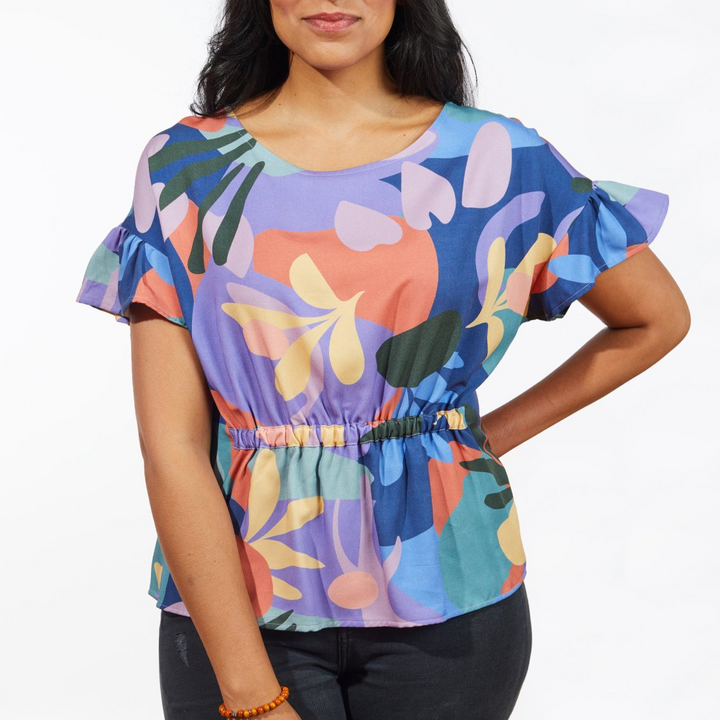 Grainline Studio Corbin Top sewing pattern for sizes 0–18, featuring ruffled cap and 3/4-length sleeve options.