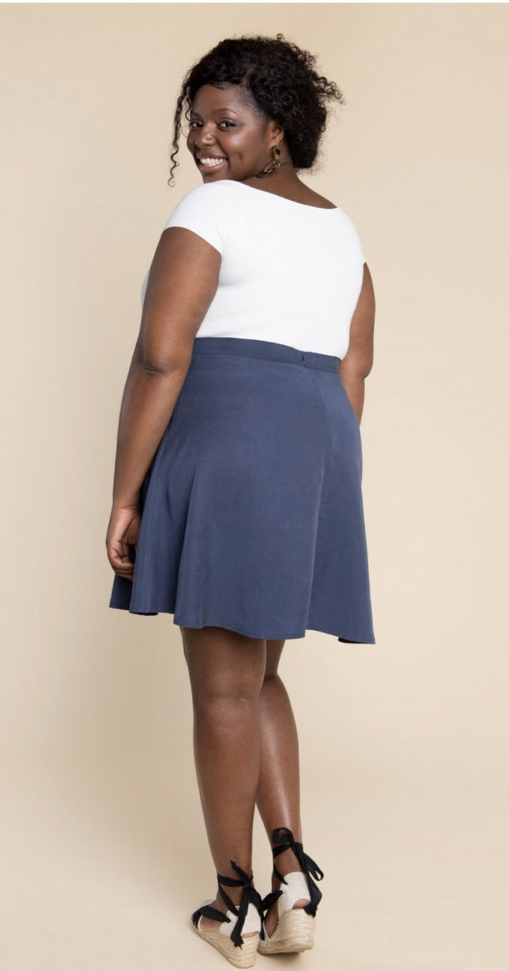 Closet Core Fiore Skirt sewing pattern – high-waisted A-line skirt with three variations including wrap, button-front, and classic flare