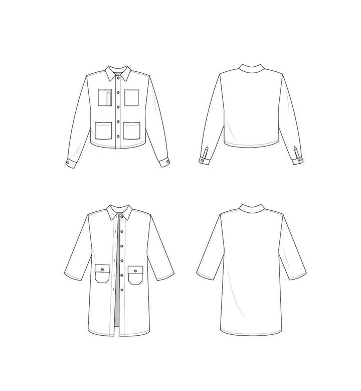 Friday Pattern Co. Ilford Jacket sewing pattern with drop shoulders, placketed or boxy sleeves, multiple pocket options, two lengths, sizes XS–4X