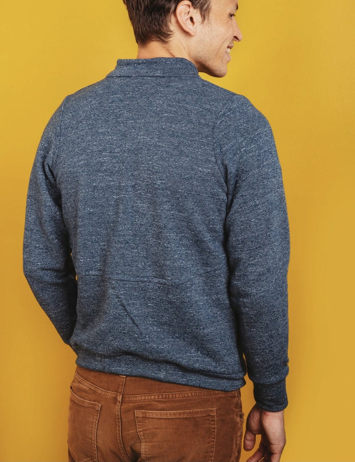 Friday Pattern Co Arlo Track Jacket sewing pattern in knit fabric with sporty collar and front pockets