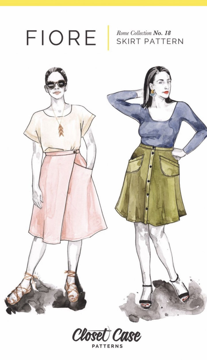 Closet Core Fiore Skirt sewing pattern – high-waisted A-line skirt with three variations including wrap, button-front, and classic flare