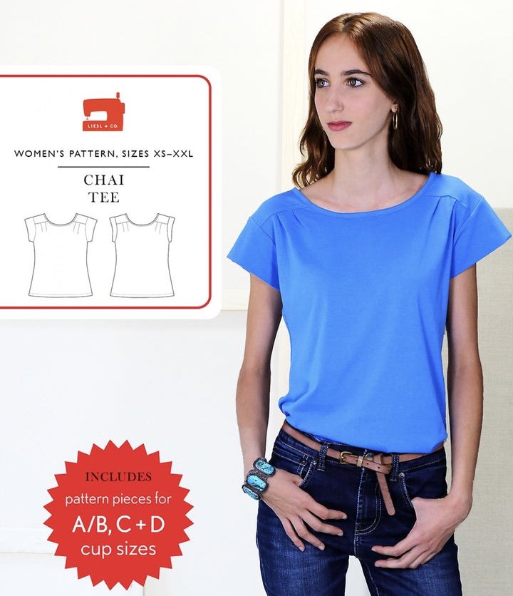 Liesl + Co Chai Tee sewing pattern with pleated details and sleeve variations