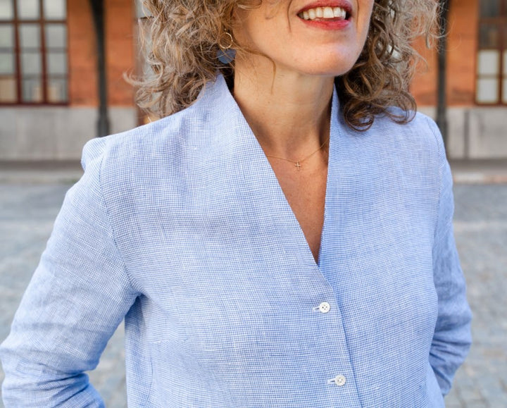 Liesl + Co Fitzroy Blouse sewing pattern with shawl collar and sleeve variations