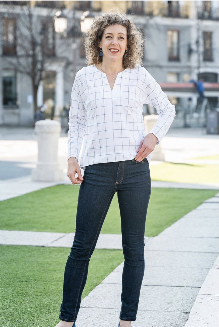 Liesl + Co Verdun Woven T-Shirt sewing pattern with scooped neckline and sleeve options