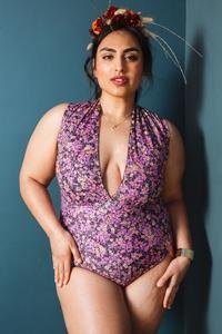 Friday Pattern Co. Seabright Swimmer one-piece swimsuit pattern with optional sleeves, plunging neckline, lace-up closure, sizes XS–4X