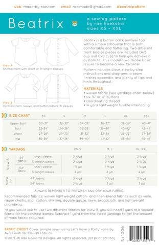 Made by Rae Beatrix button-back pullover top with customizable front bodice in lightweight cotton fabric