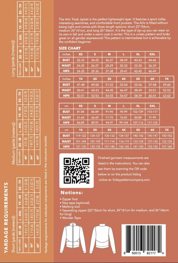 Friday Pattern Co Arlo Track Jacket sewing pattern in knit fabric with sporty collar and front pockets