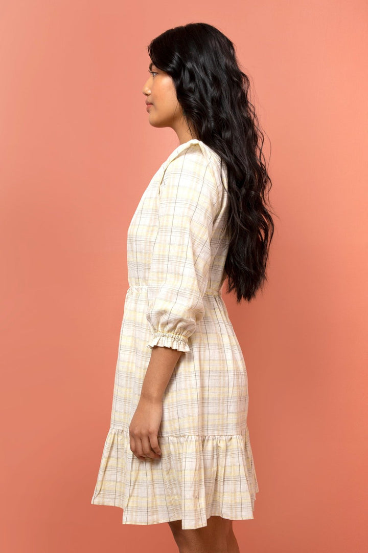 Friday Pattern Co. Davenport Dress sewing pattern with flutter shoulders, ruffle sleeves, drawstring waist, and roomy pockets.