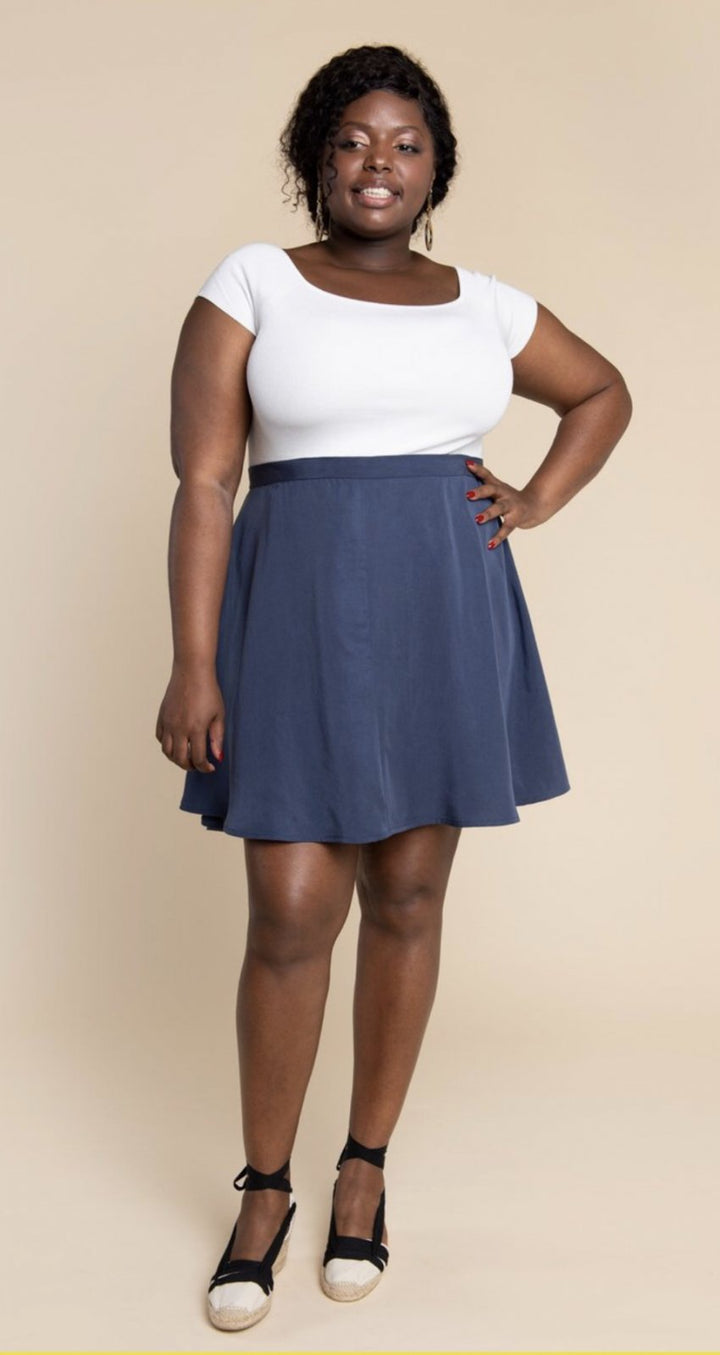 Closet Core Fiore Skirt sewing pattern – high-waisted A-line skirt with three variations including wrap, button-front, and classic flare