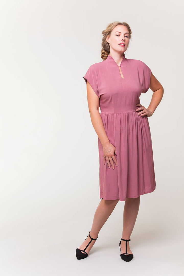 Colette Prudence Dress sewing pattern featuring mandarin collar, keyhole neckline, and pleated skirt options